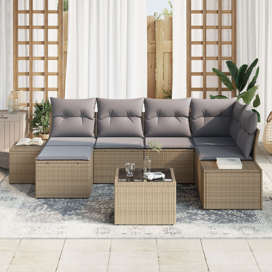 7-Delige Tuinbankset Met Kussens Zwart Poly Rattan