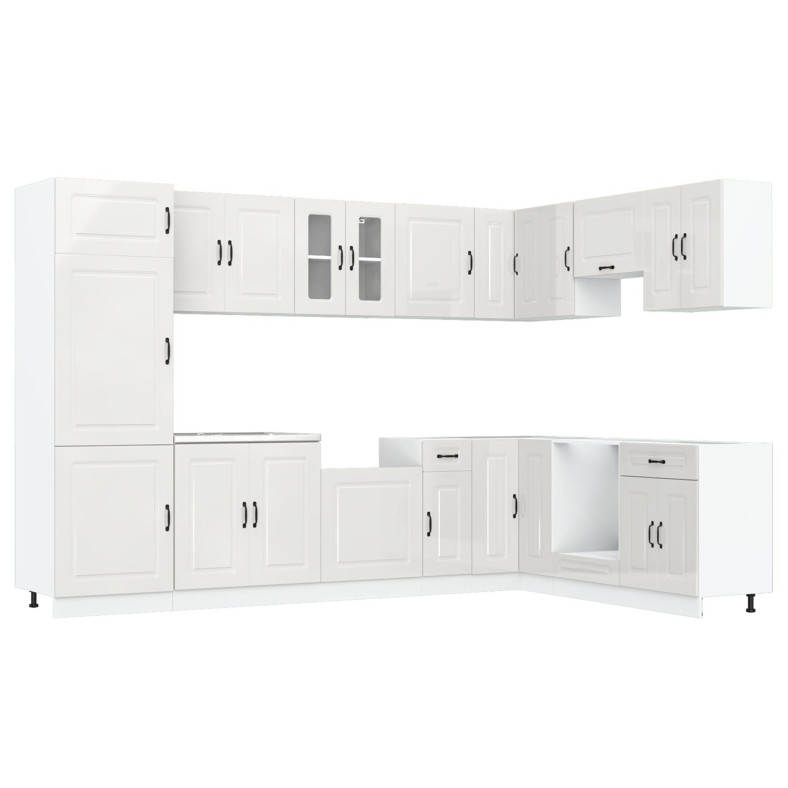 Keuken Kast ""Kalmar"" Met Dubbele Wasbakken Hoogglans Wit Bewerkt Hout Glanzend wit