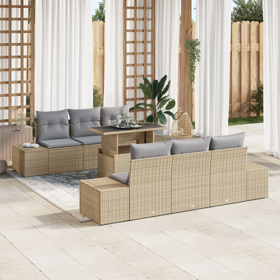 Tuinsofa Set 7-Delig Beige, Grijs Rattan, Polyester Buitentafel