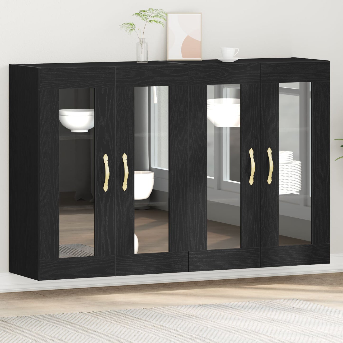 Wandkast Set Van 2 Zwart Eiken Hout, Glas 139 X 34 X 90 Cm
