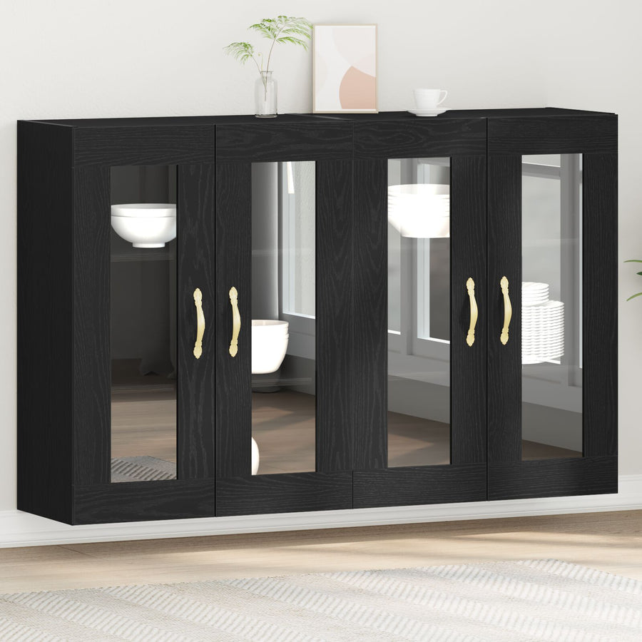 Wandkast Set Van 2 Zwart Eiken Hout, Glas 139 X 34 X 90 Cm
