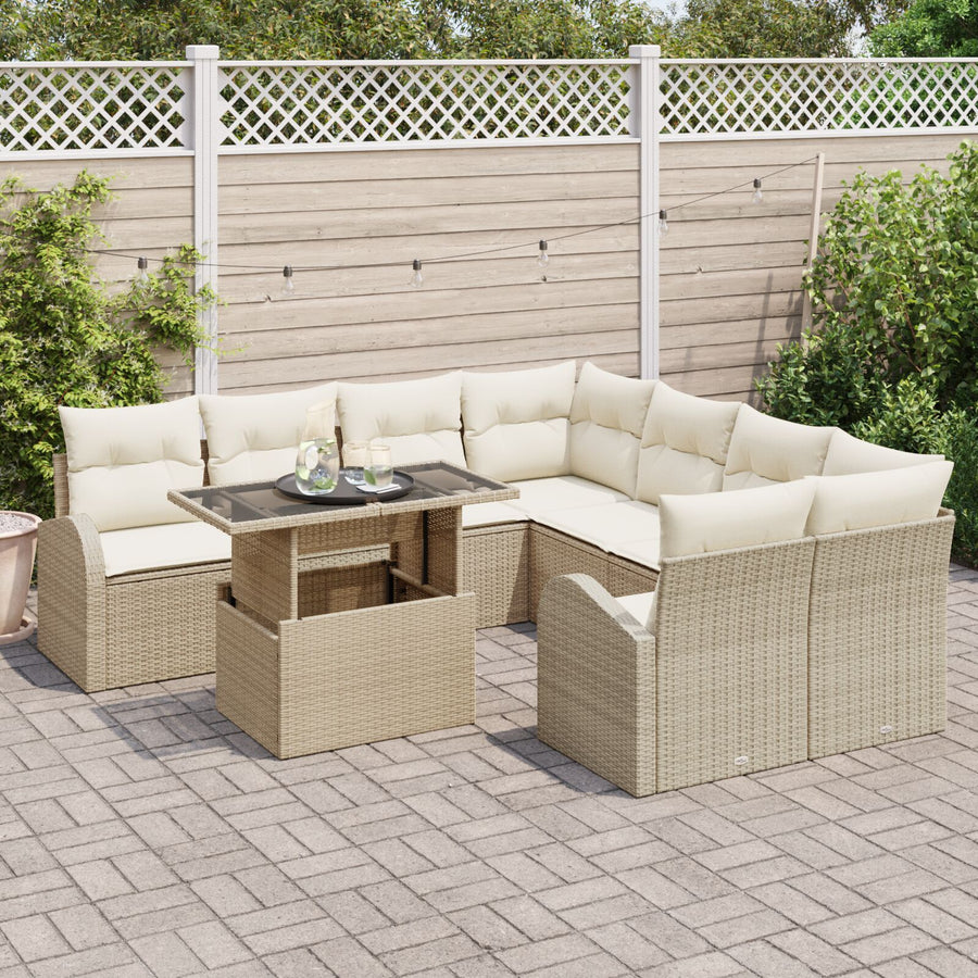 9-Delige Tuin Sofa Set Met Kussens Beige Poly Rattan,  2-Persoons Tuin Sofa Met Opbergruimte & Kussens Beige Poly Rattan