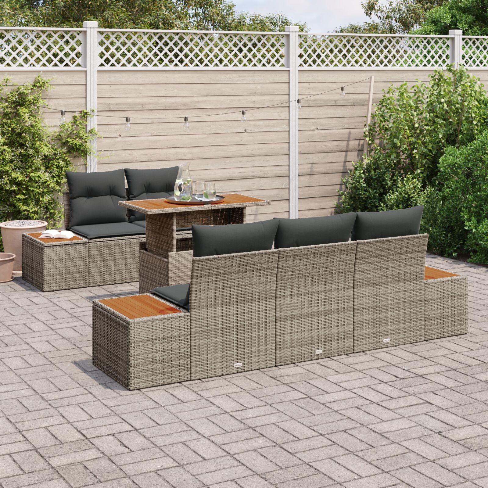 6-Delige Tuin Eetset Met Kussens Grijs Poly Rattan Acacia
