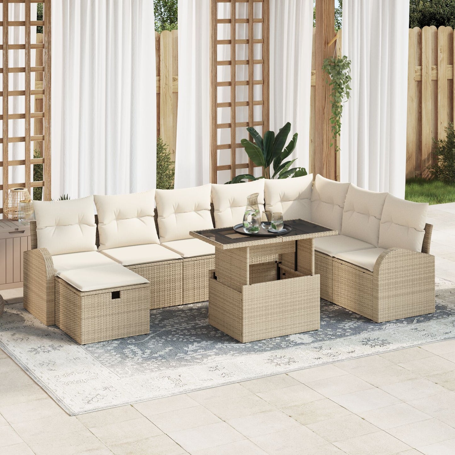 Set Van 9 Tuinbanken Met Kussens Beige Poly Rattan