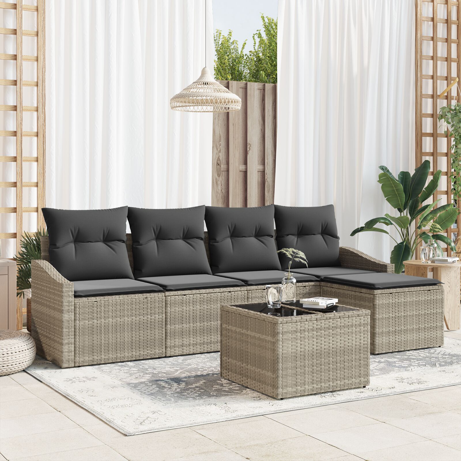 6-Delige Tuin Sofa Set Met Kussens Grijs Poly Rattan