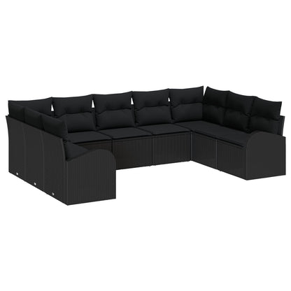 9-Delige Tuinsofa Set Met Kussens Zwart Poly Rattan