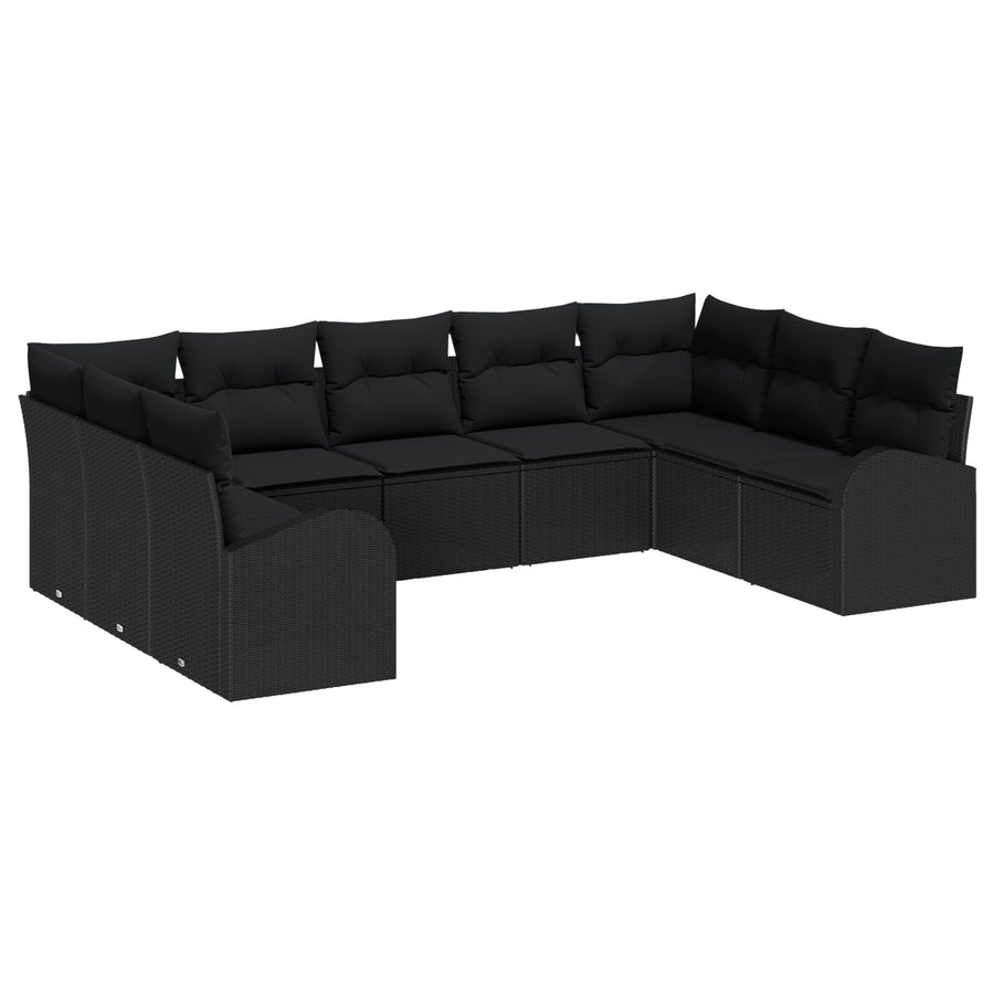 9-Delige Tuinsofa Set Met Kussens Zwart Poly Rattan