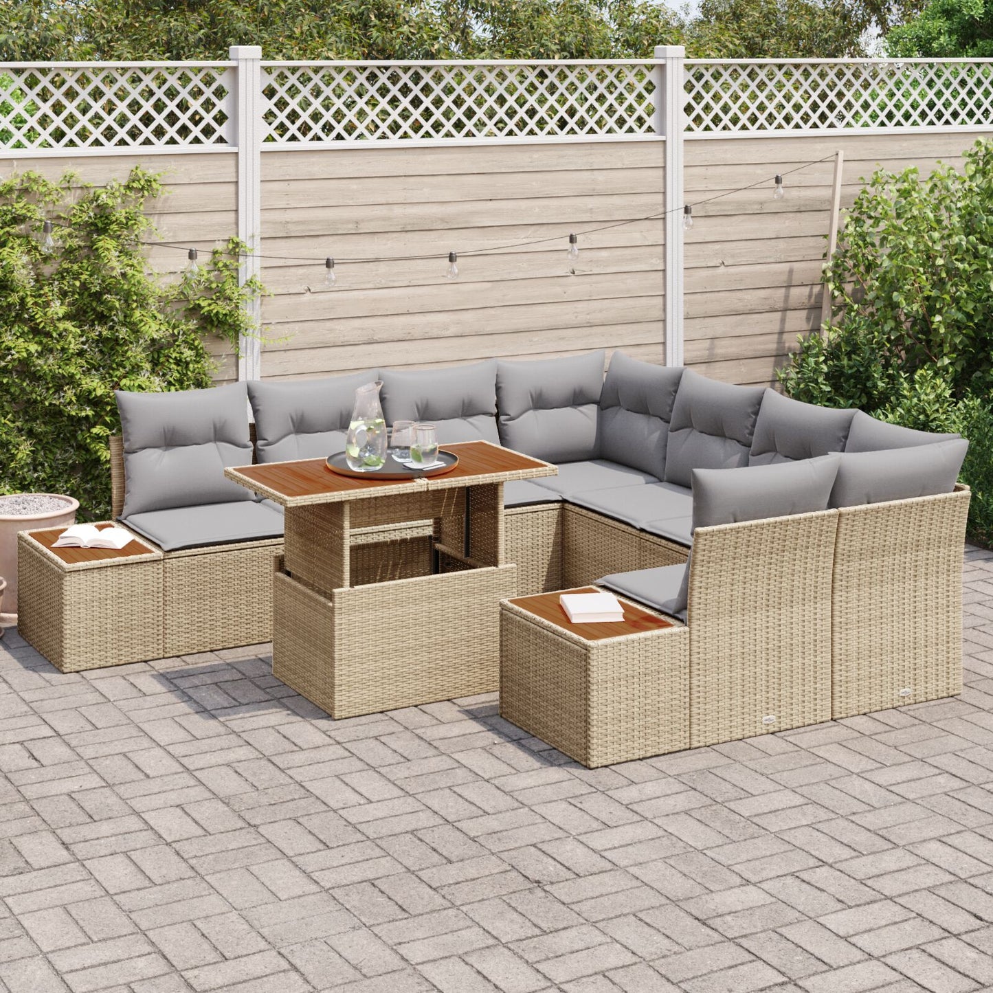 Tuinsalonset Set Van 9 Beige En Grijs Poly Rattan, Polyester