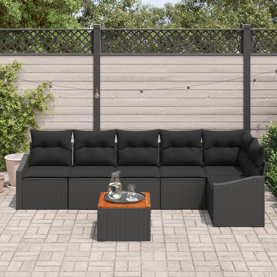 7-Delige Tuin Sofa Set Met Kussens Zwart Poly Rattan Acacia