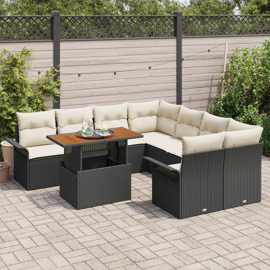 9-Delige Tuin Sofa Set Met Kussens Zwart Poly Riet Acacia