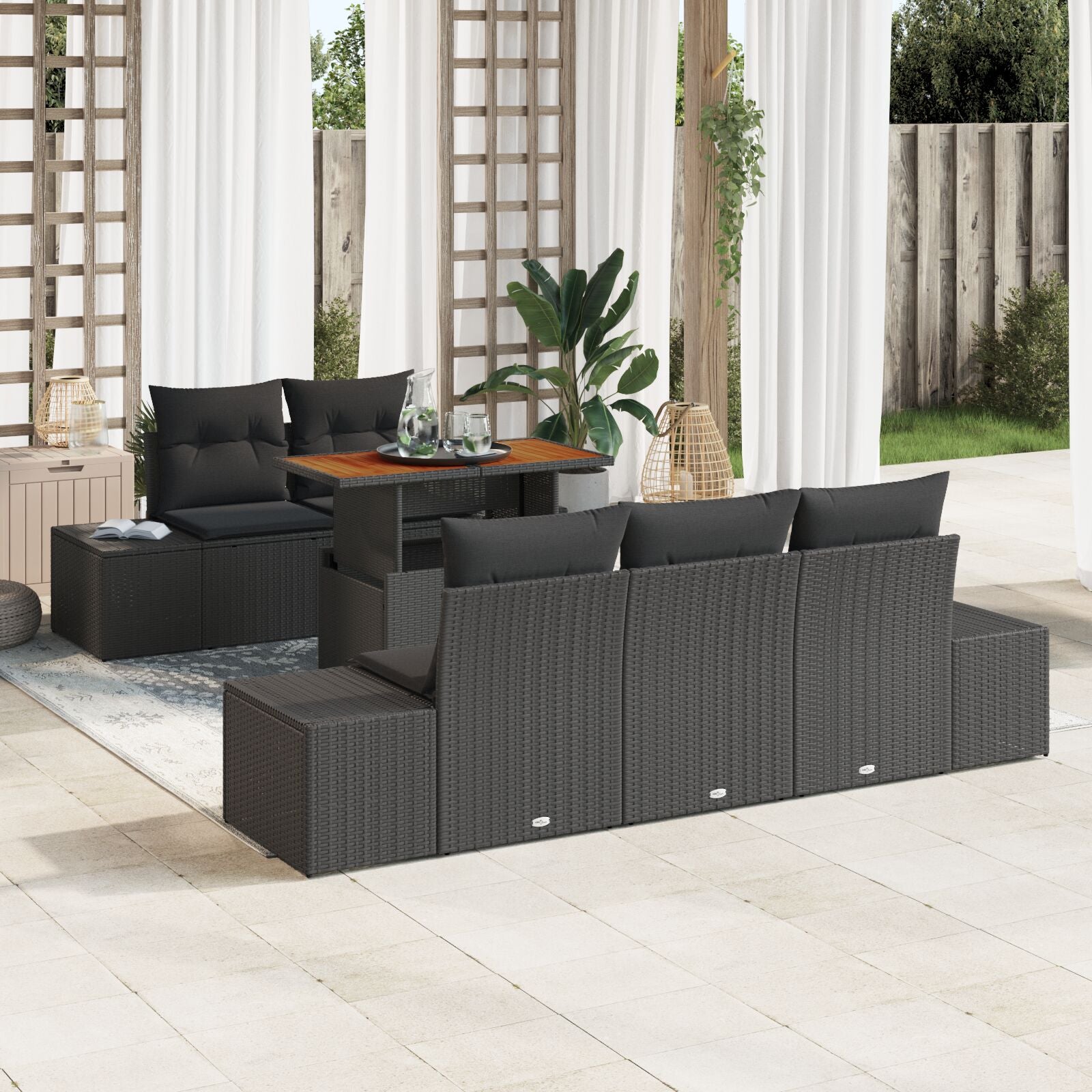6-Delige Tuinbank Set Met Kussens Zwart Poly Rattan
