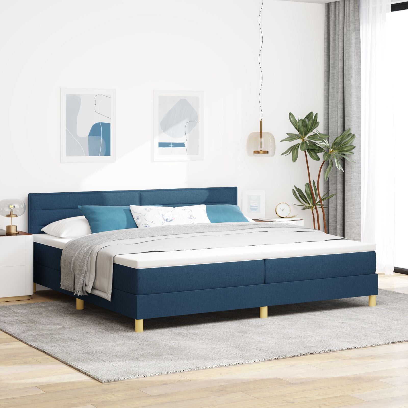Boxspring Bed Met Matras Stof Blauw 200 x 200 cm Lijn ontwerp