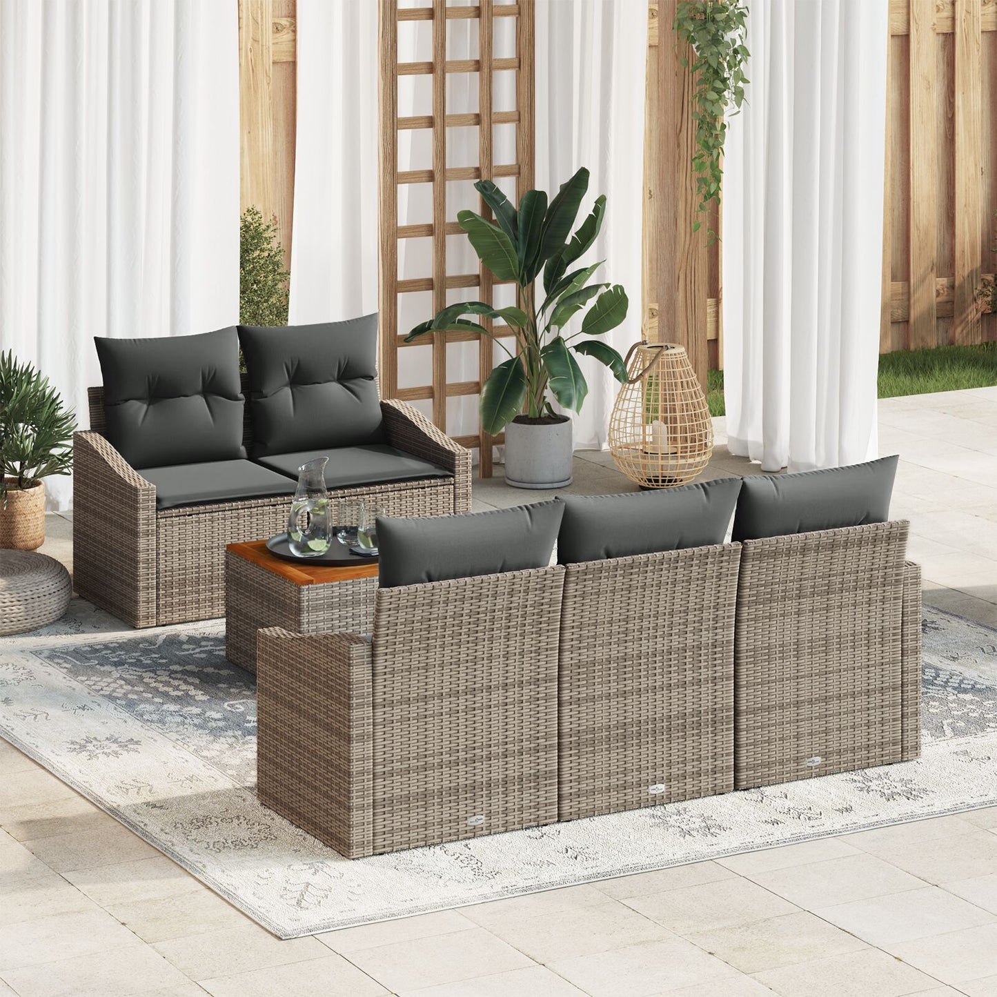 6-Delige Tuin Sofa Set Met Kussens Grijs Poly Rattan Acacia