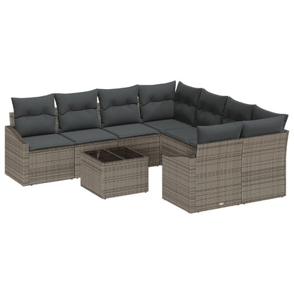 9-Delige Tuin Eetset Met Kussens Grijs Poly Rattan Gegalvaniseerd Staal