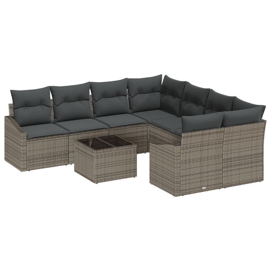 9-Delige Tuin Eetset Met Kussens Grijs Poly Rattan Gegalvaniseerd Staal