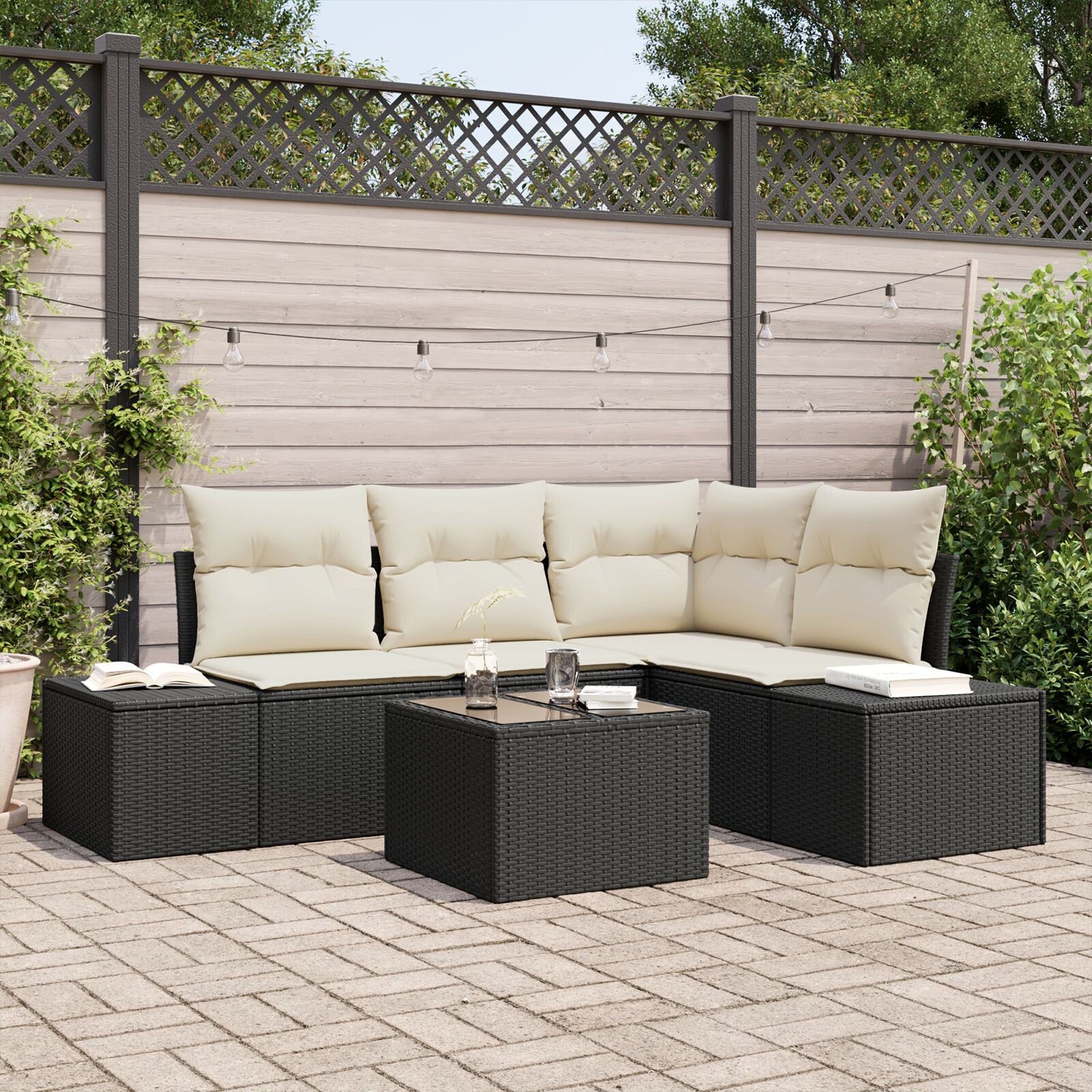 4-Delige Tuinbank Set Met Kussens Bruin Poly Rattan Zwart en Wit met tafel