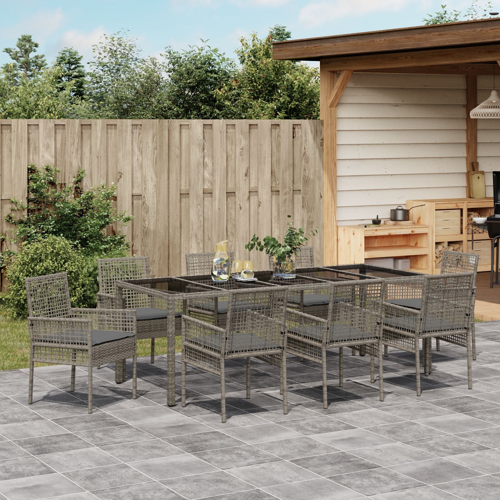 Tuin Eettafelset Van 9 Stuks Met Kussens Grijs Poly Rattan