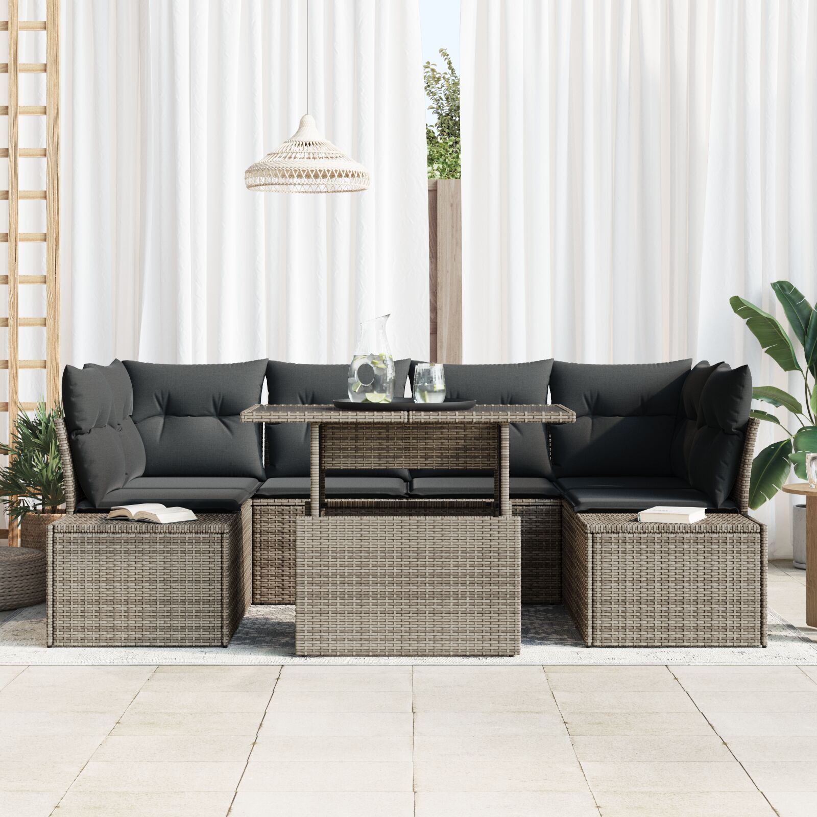 Tuin Sofa Set Set Van 7 Grijs Riet En Polyester Tuin Sofa Set