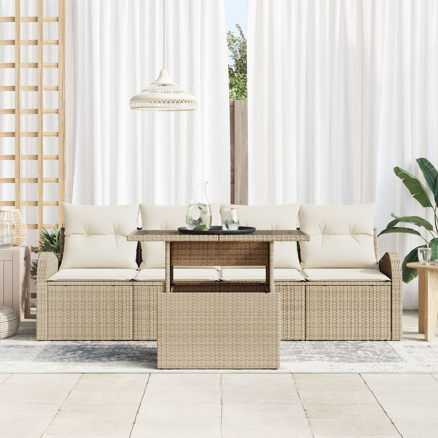 5-Delige Tuinset Met Kussens Beige Poly Riet