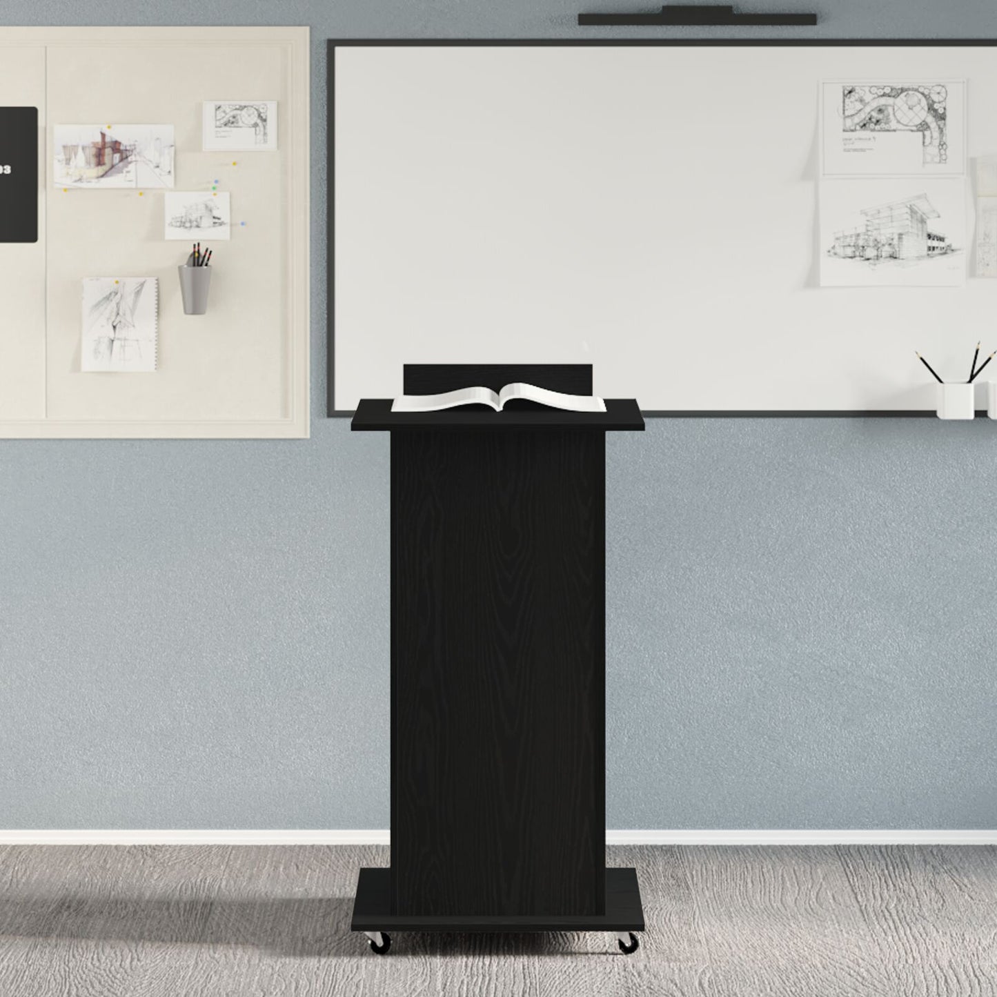 Lectern Podium Met Wielen Zwart Eiken Hout