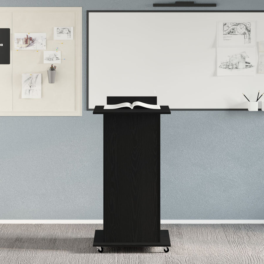 Lectern Podium Met Wielen Zwart Eiken Hout