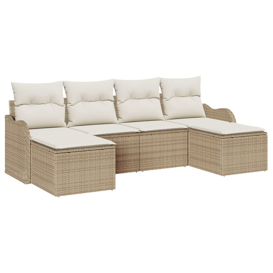 6-delige Tuin Sofa Set met Kussens Beige Poly Rattan, vidaXL 2-Zits Tuin Sofa met Kussens Beige Poly Rattan