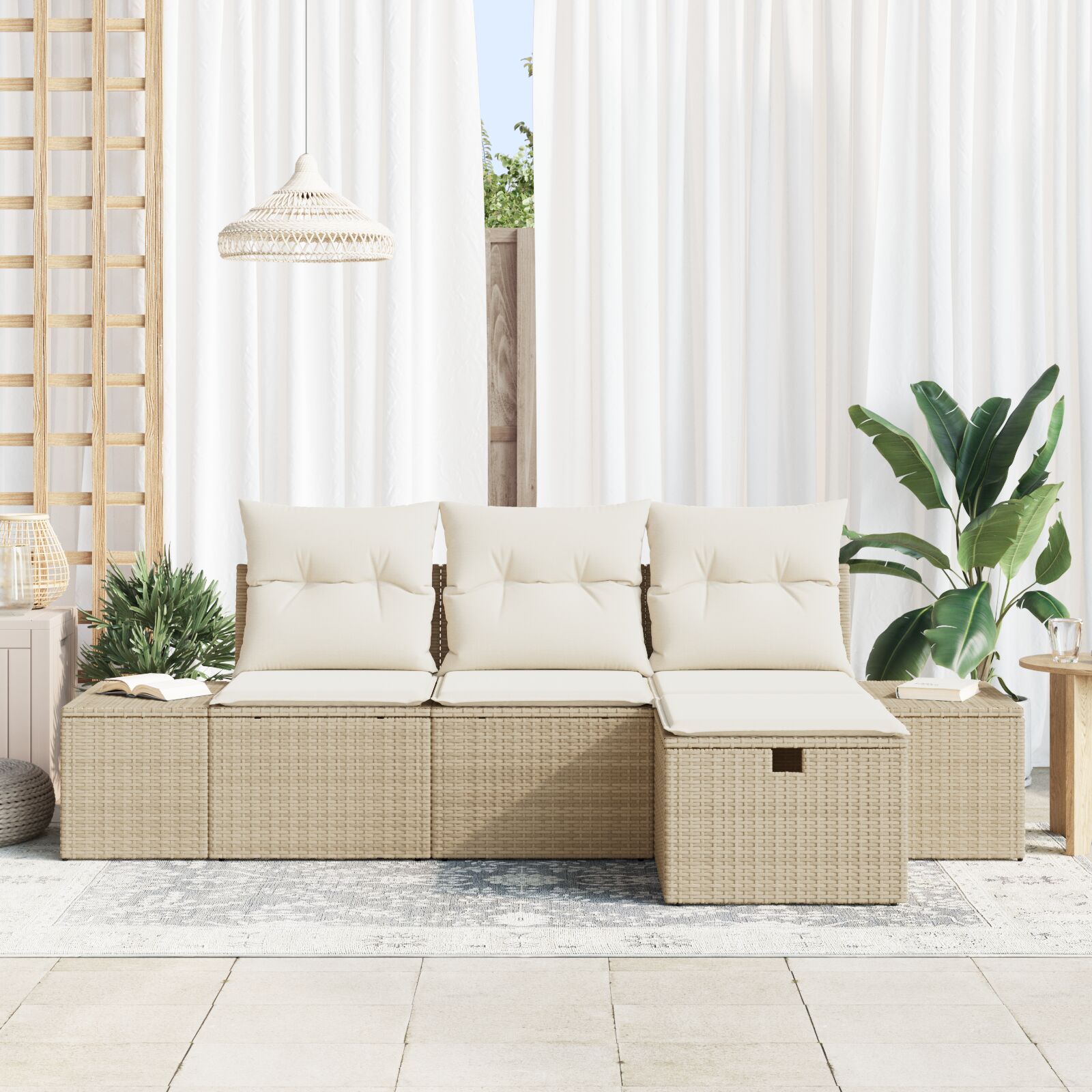 4-Delige Tuin Sofa Set Met Kussens Beige Poly Rattan Wit