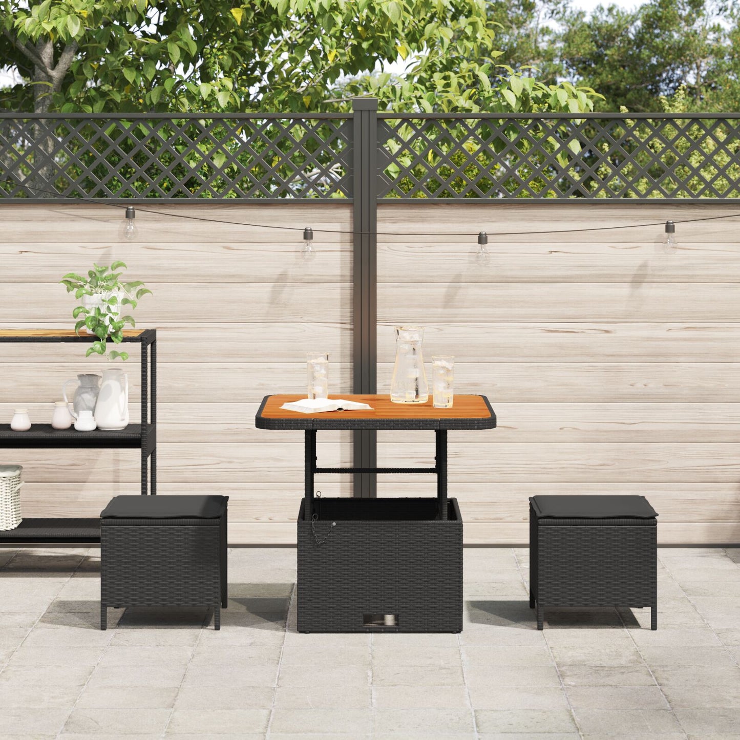 3-Delig Tuin Eetset Met Kussens Poly Rattan Acaciahout 80 cm Zwart 2 krukken