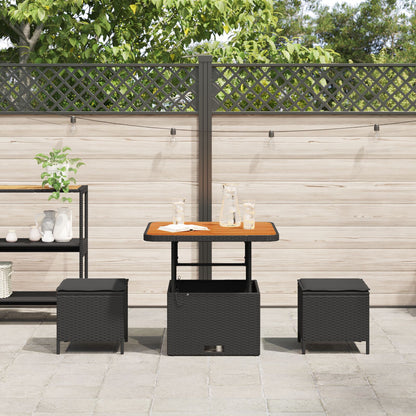 3-Delig Tuin Eetset Met Kussens Poly Rattan Acaciahout 80 cm Zwart 2 krukken