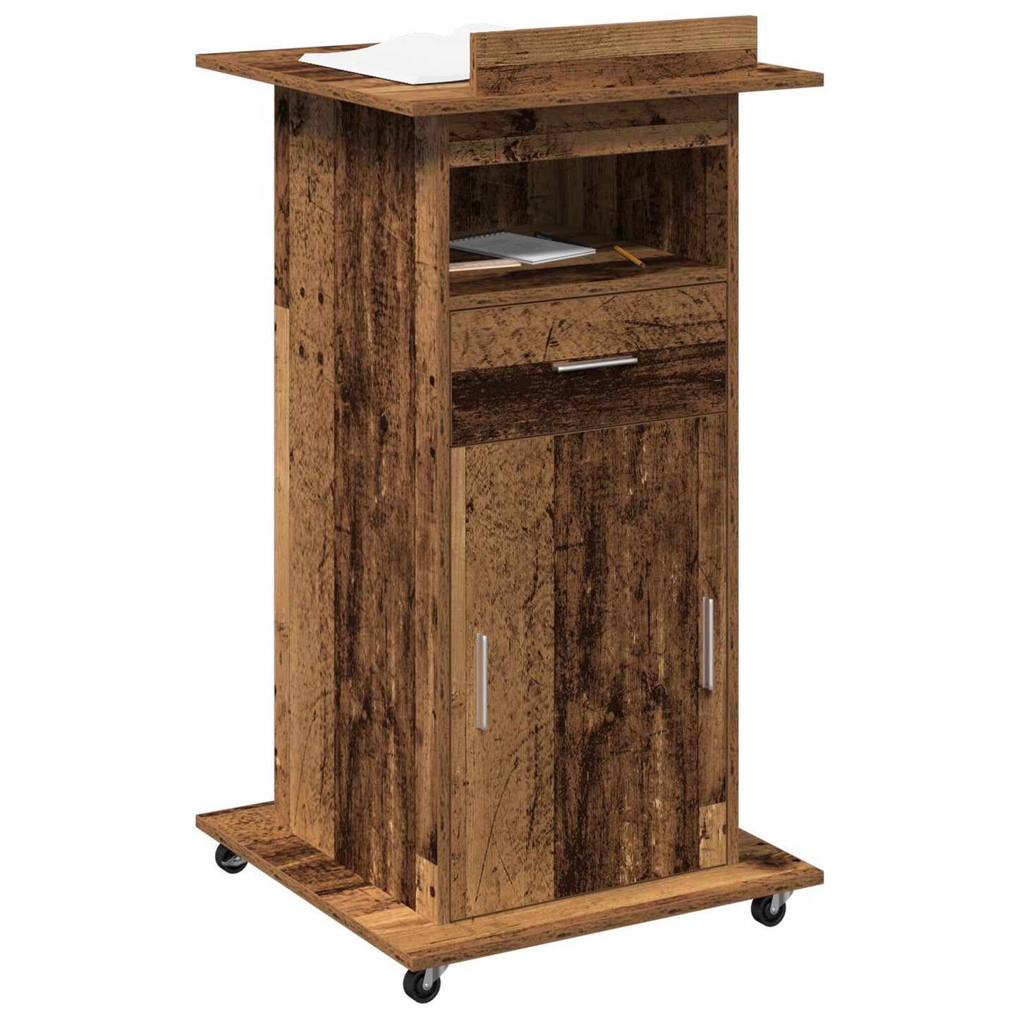 Leskantoor Podium Met Wielen Oud Hout Bewerkt Hout