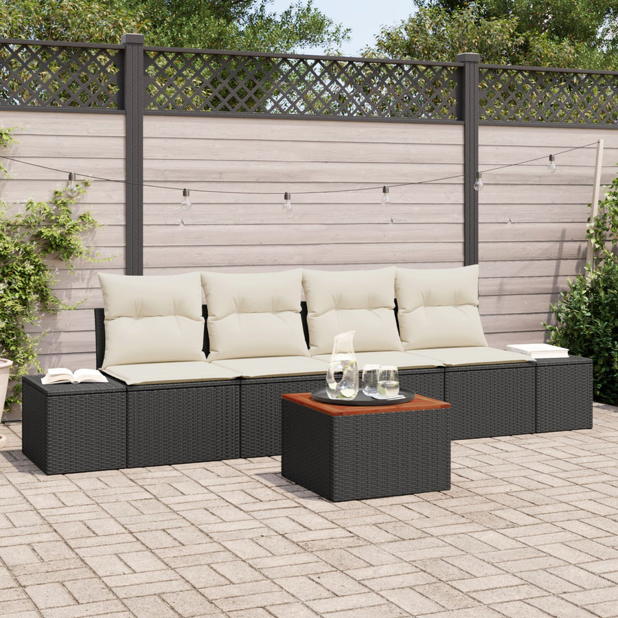 5-Delige Tuin Sofa Set Met Kussens Zwart Poly Rattan Acacia