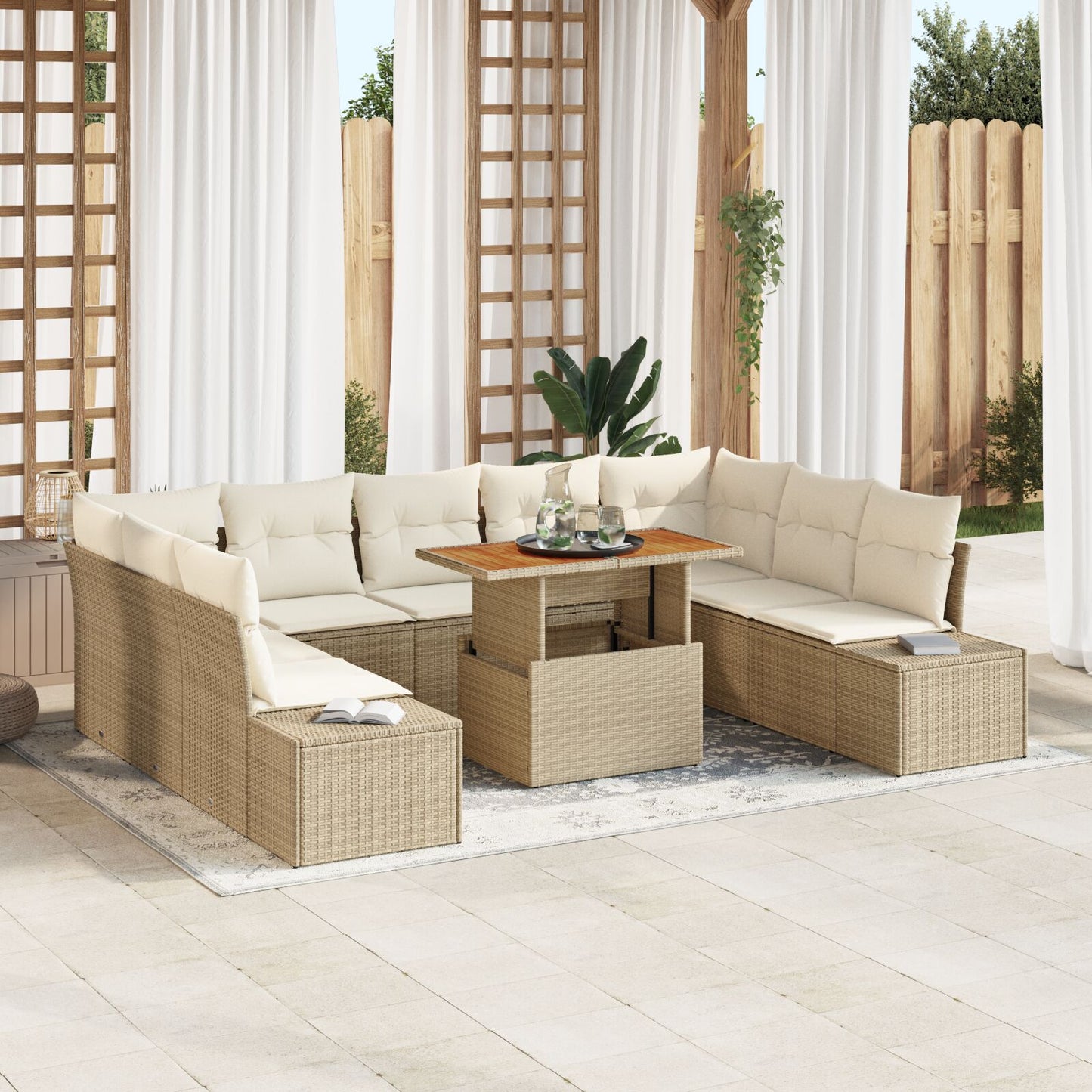10-Delige Tuinbankset Met Kussens Beige Poly Rattan