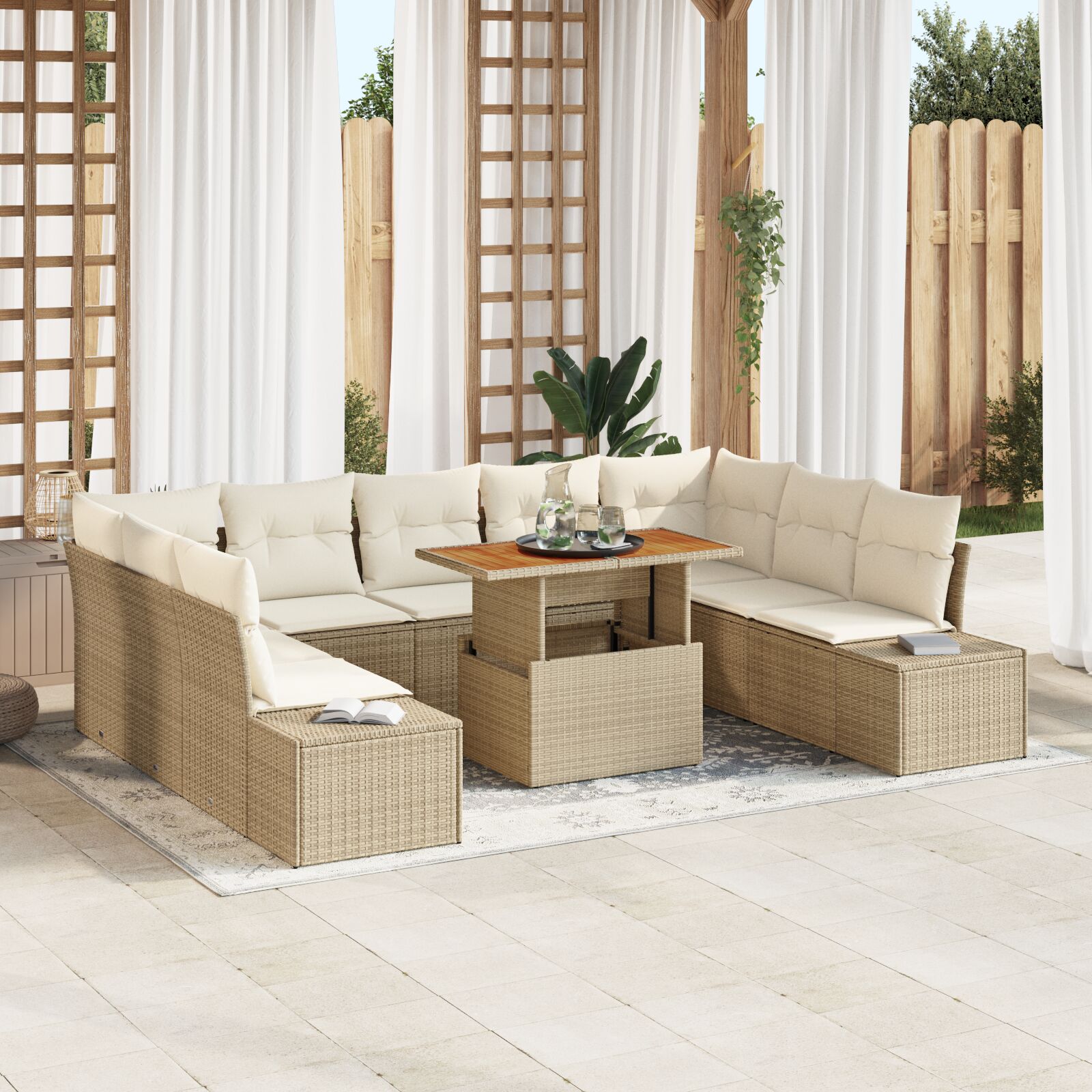 10-Delige Tuinbankset Met Kussens Beige Poly Rattan