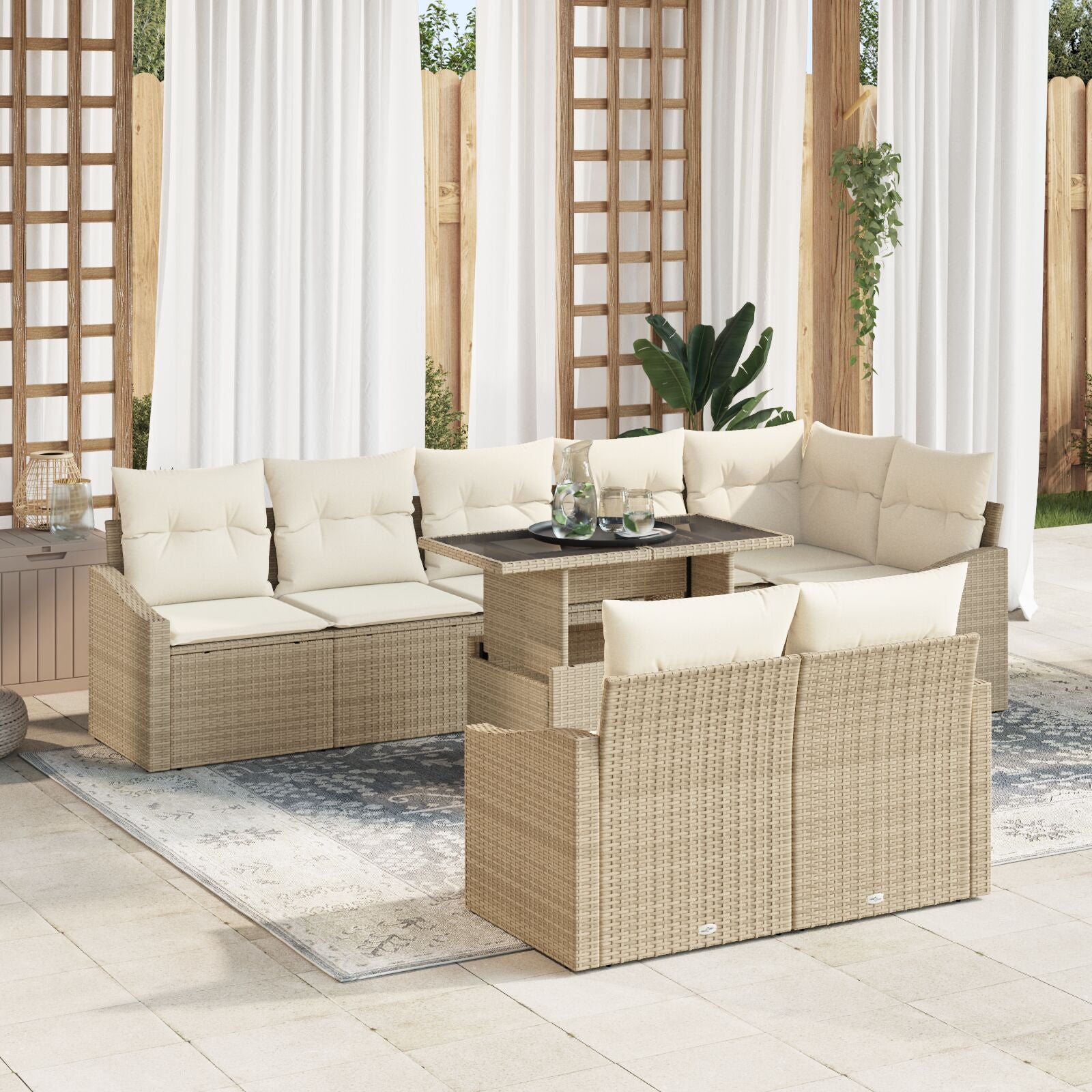 Tuinbank Set Set Van 9 Beige, Crème Rattan, Polyester