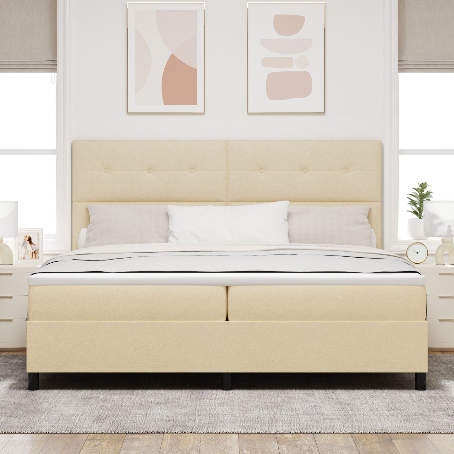 Boxspring Bed Met Matras Stof Crème 200 x 200 cm Knopen gestoffeerd