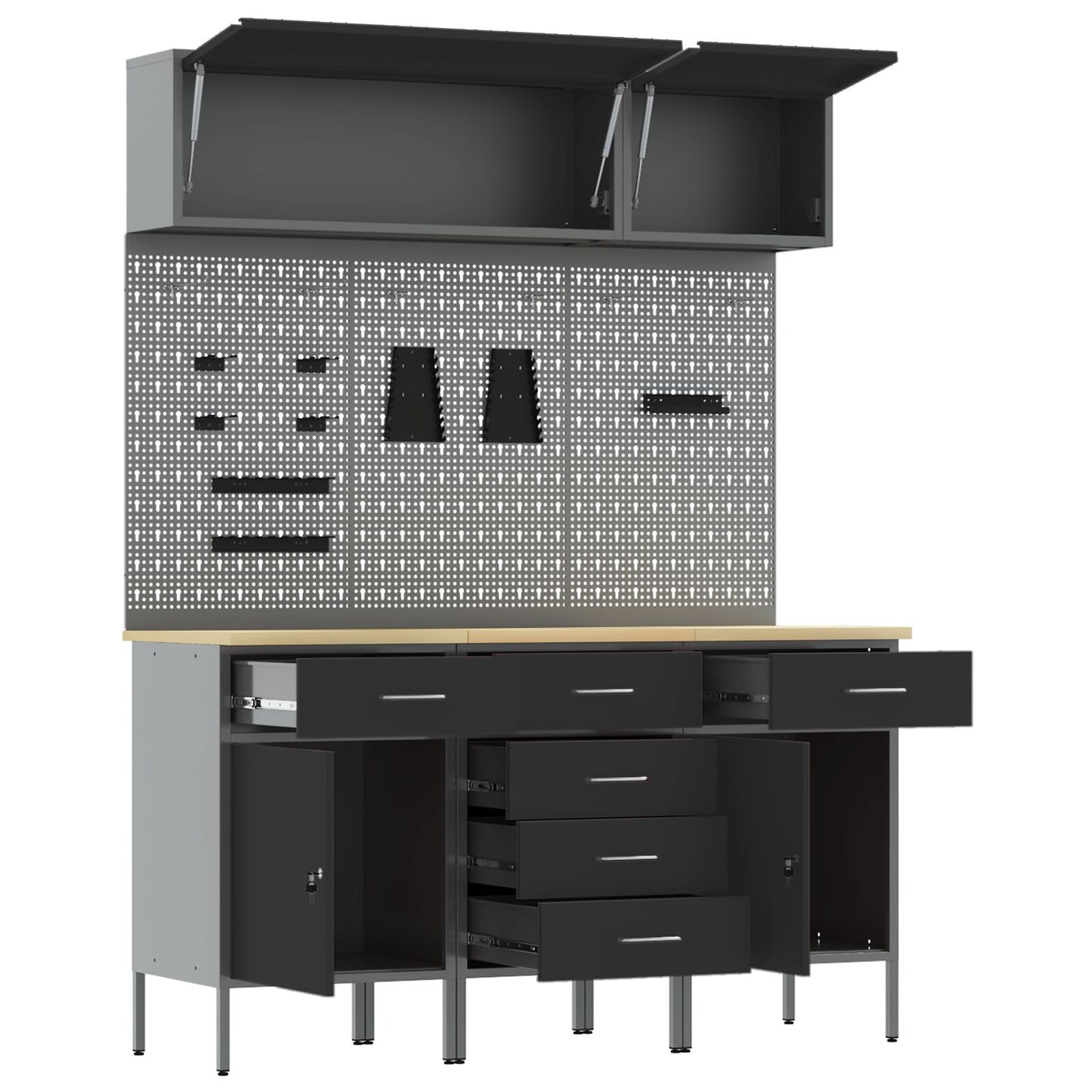8-Delige Werkbankset Staal 3x (84/84/85 cm) Zwart 3x kast + 3x pegboard + 2x kast met deur