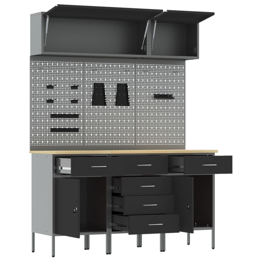 8-Delige Werkbankset Staal 3x (84/84/85 cm) Zwart 3x kast + 3x pegboard + 2x kast met deur