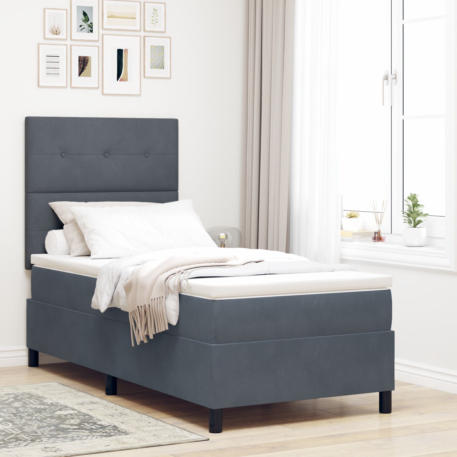 Boxspringbed Met Matras Donkergrijs 100X200 Cm Fluweel Blauw