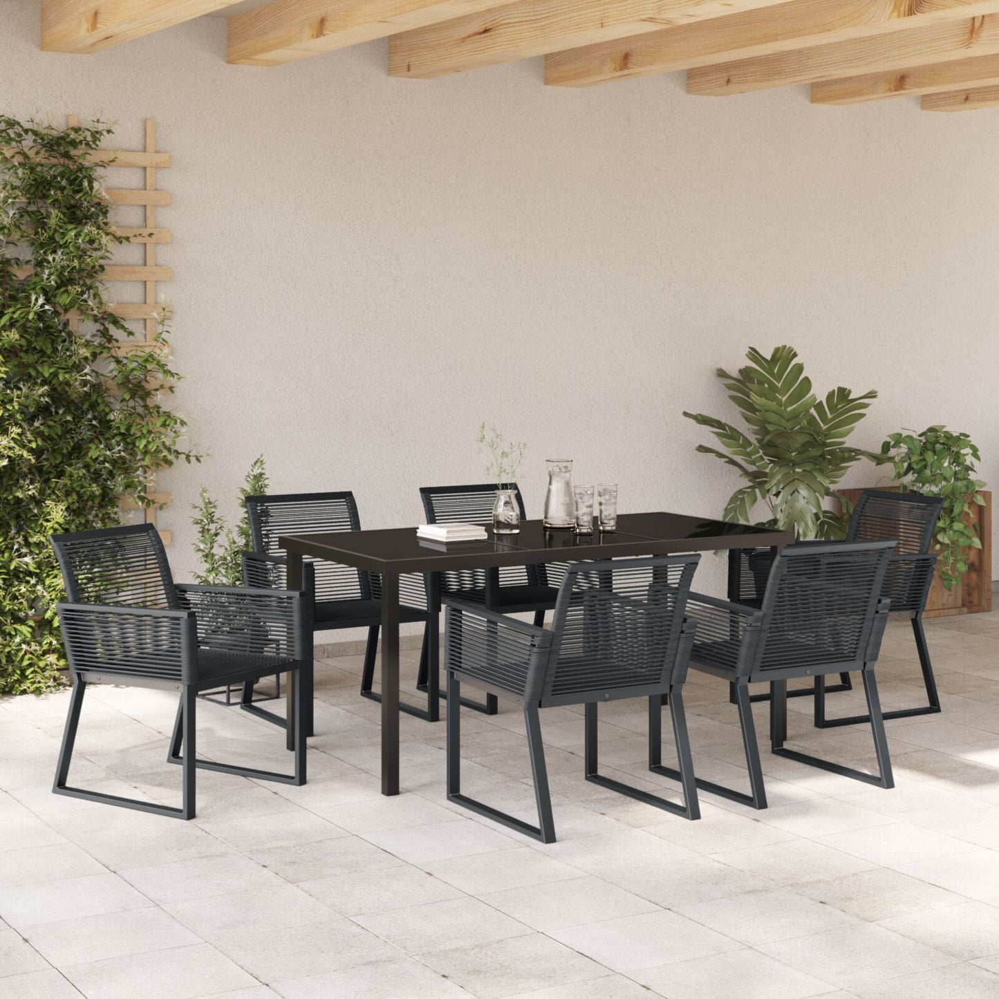 7-Stuks Tuin Eetset Zwart Poly Rattan