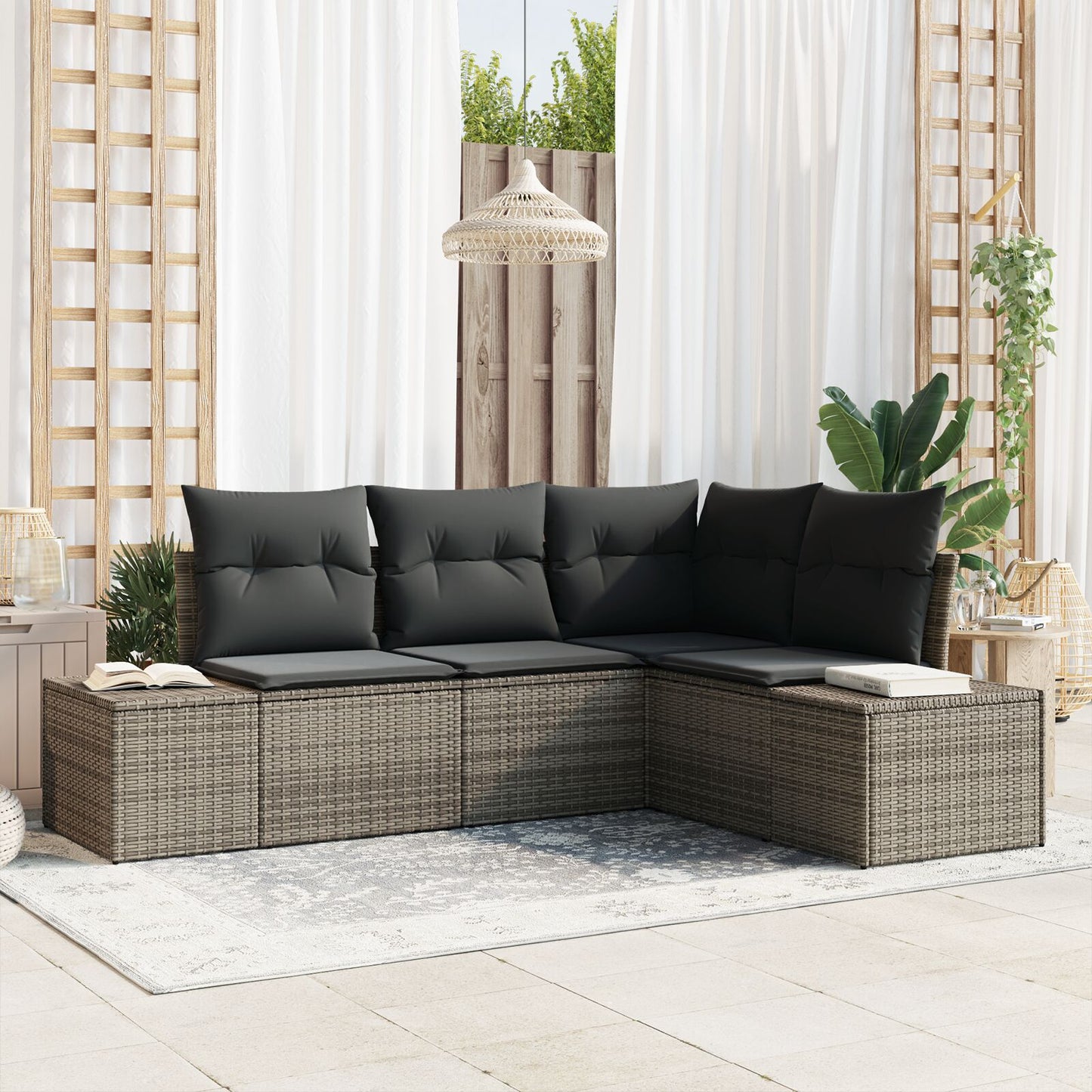 4-Delige Tuin Sofa Set Met Kussens Grijs Poly Rattan