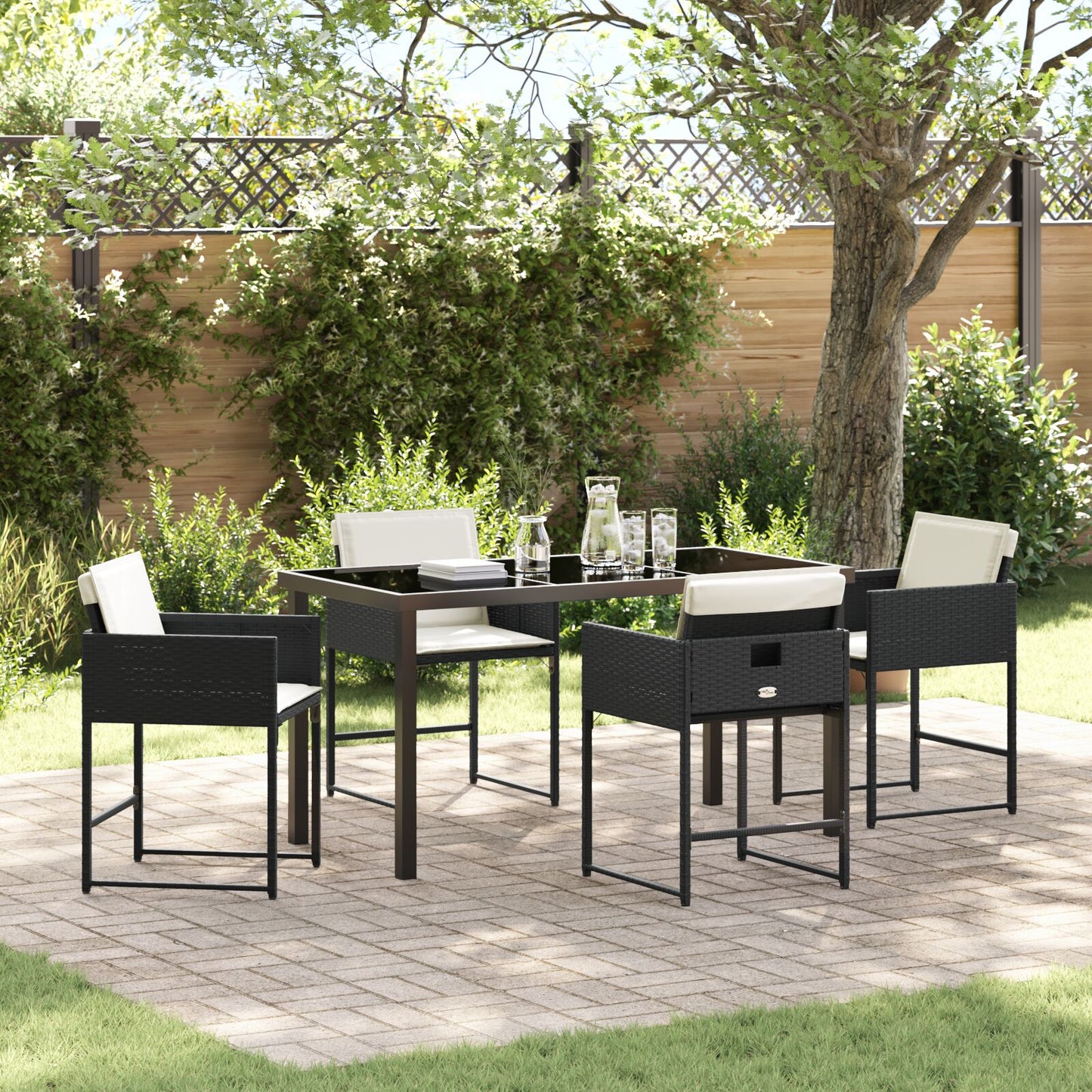5 Delige Tuin Eettafel Set Met Kussens Zwart Poly Rattan