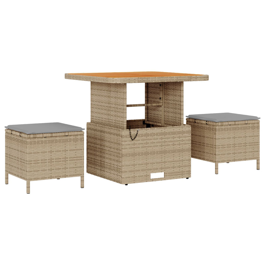 3-Delige Tuin Eetset Met Kussens Poly Rattan Acaciahout 80 cm Beige en grijs 2 stools