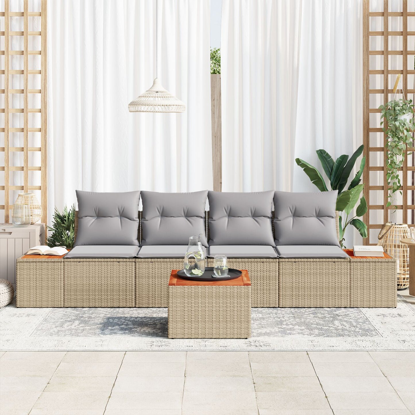5-Delige Tuinbankset Met Kussens Beige Poly Rattan Acacia