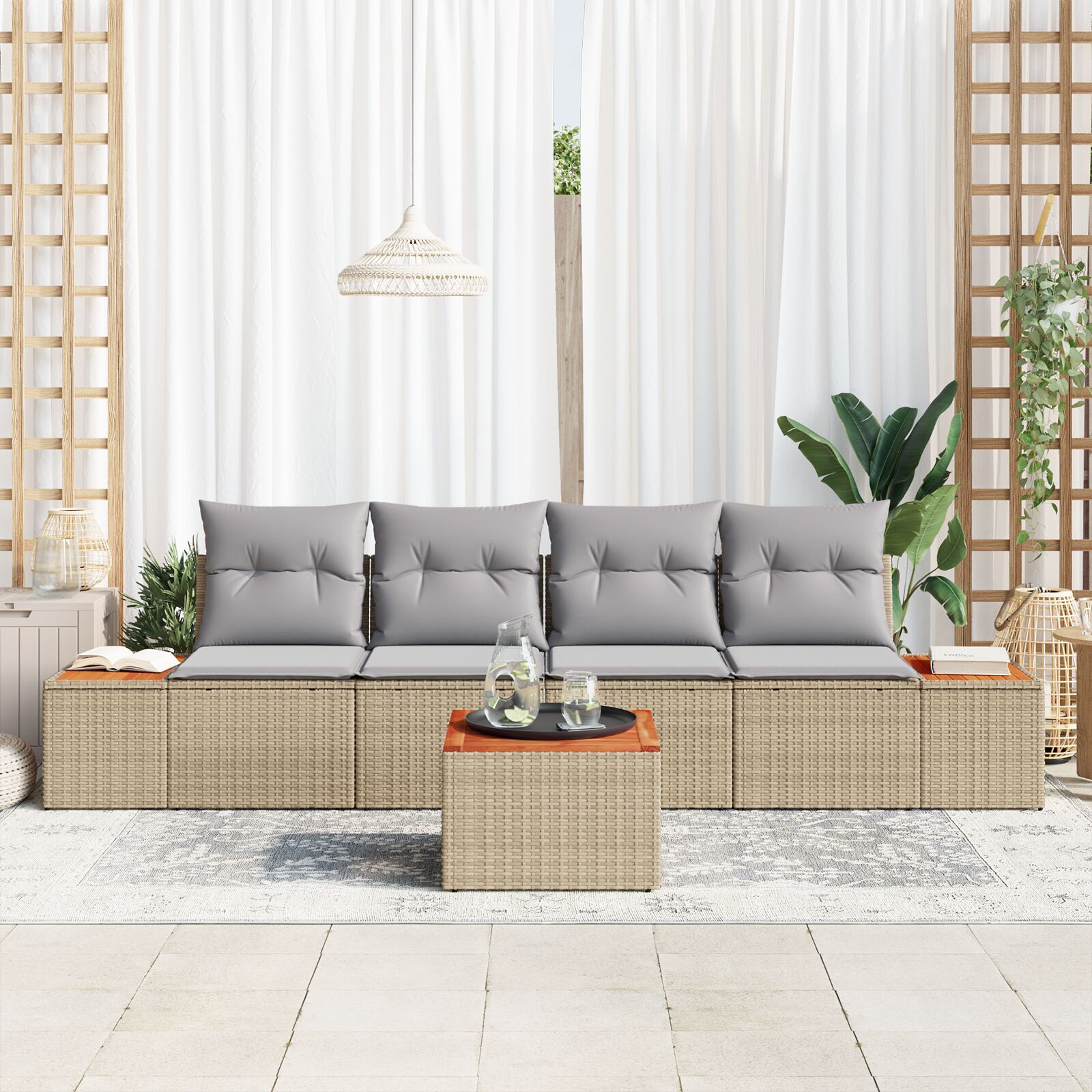 5-Delige Tuinbankset Met Kussens Beige Poly Rattan Acacia