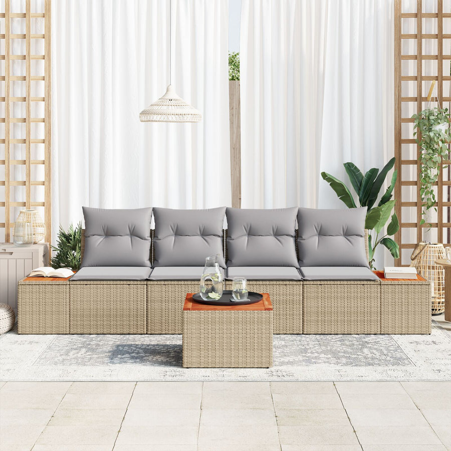 5-Delige Tuinbankset Met Kussens Beige Poly Rattan Acacia
