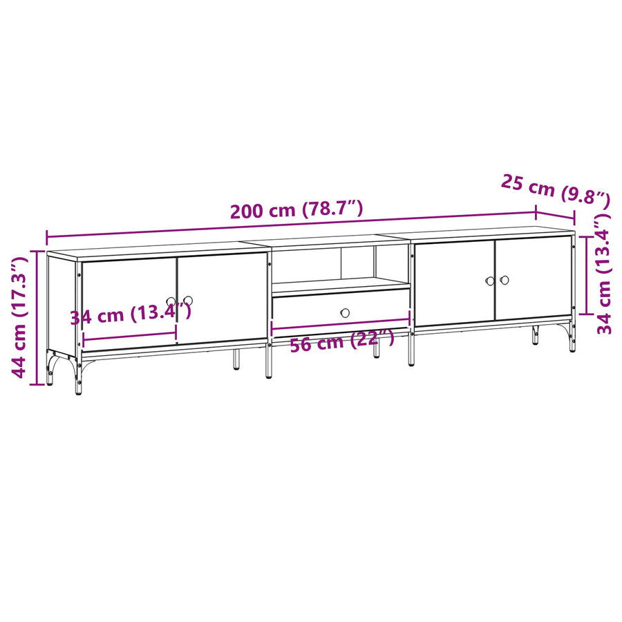 Tv-Meubel Met Lade Zwart Eiken 200X25X44 Cm Bewerkt Hout Zwart Eiken