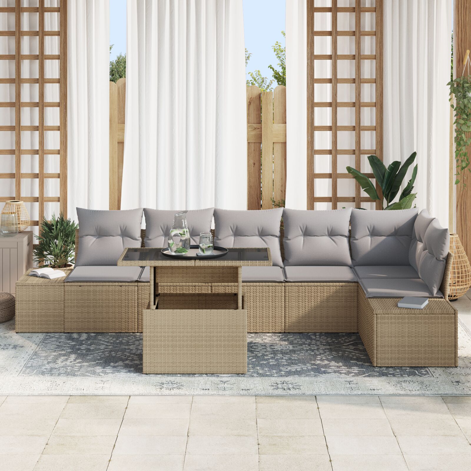 7-Delige Tuin Sofa Set Met Kussens Beige Poly Rattan