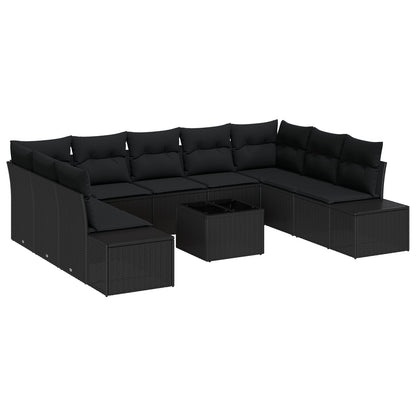 Tuinbank Set 10-Delig Riet, Polyester, Staal Buitenbank Zwart met tafel
