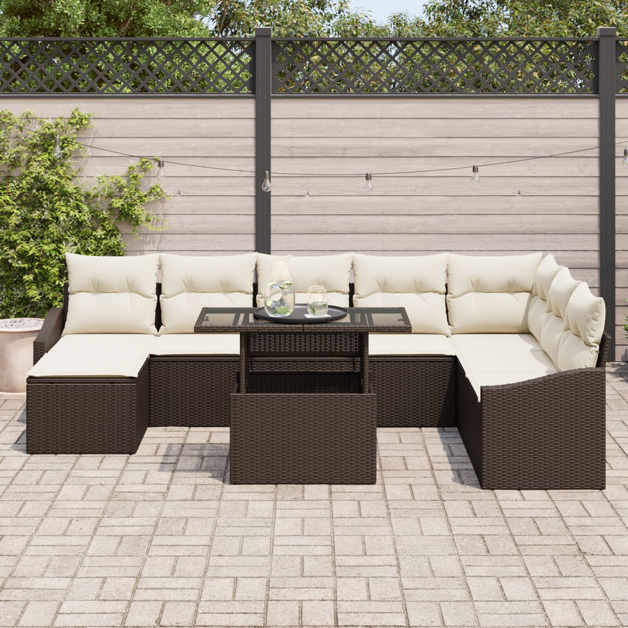 Tuin Sofa Set Set Van 9 Beige Kussens, Bruin Frame Rattan