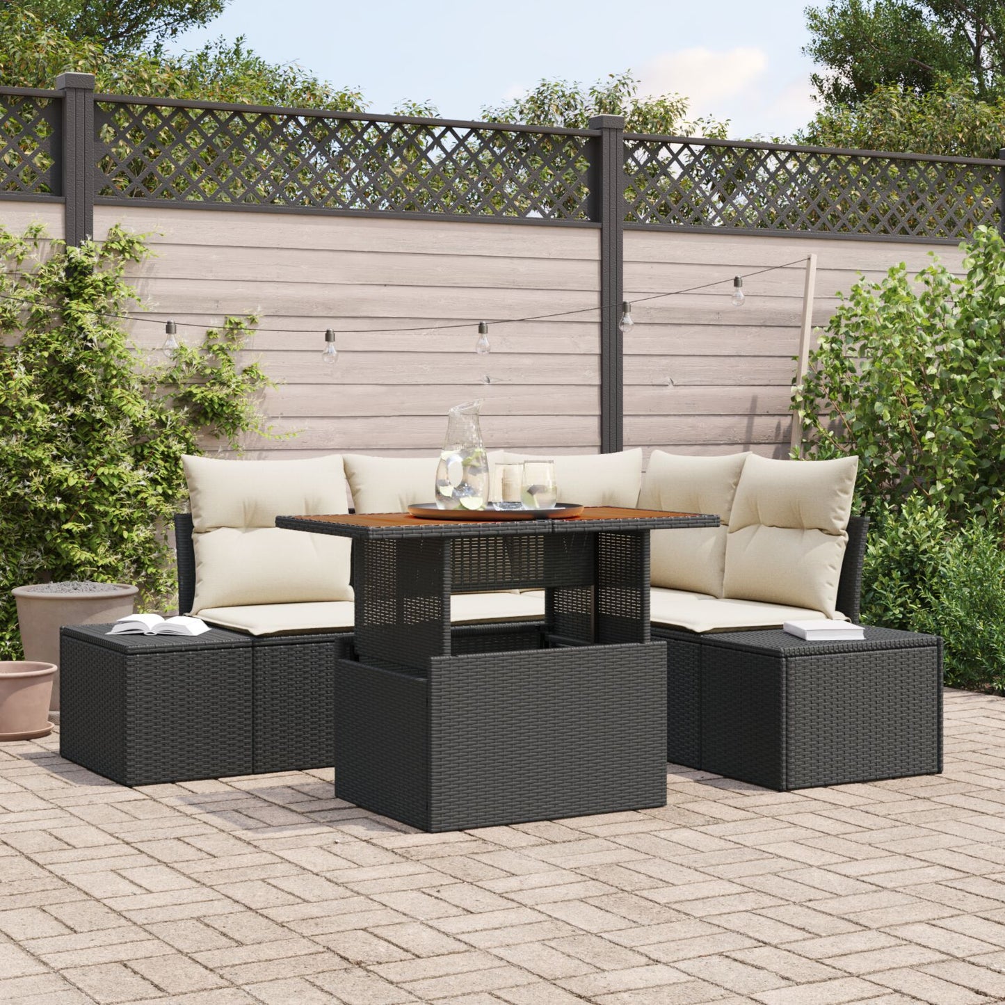5-Delige Tuin Eetset Met Kussens Zwart Poly Rattan Acacia